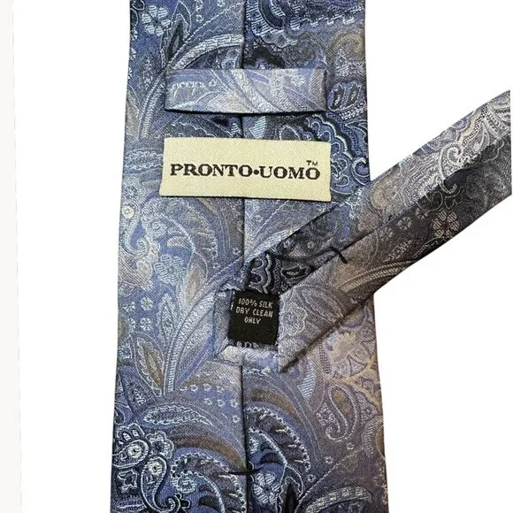 NEW w/o Tags Pronto Uomo Ombré Light Blue & Silver Floral Paisley 100% Silk 62" - Picture 5 of 6